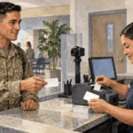 Painted illustration of a service member renewing a card at an office counter.