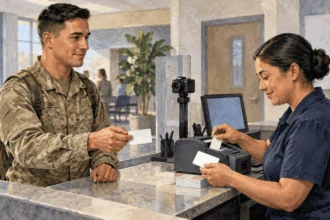 Painted illustration of a service member renewing a card at an office counter.