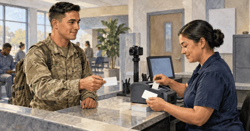 Painted illustration of a service member renewing a card at an office counter.