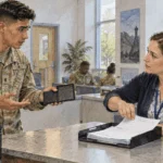 Conceptual painting of a service member reporting a missing military ID.