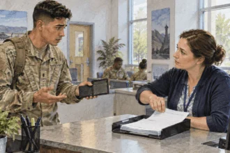 Conceptual painting of a service member reporting a missing military ID.