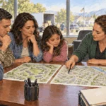 Painted illustration of a family comparing housing locations with a counselor.