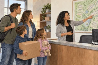 Conceptual watercolor painting of a family asking a housing counselor about an unlabeled map.