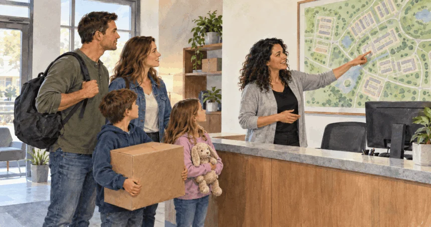 Conceptual watercolor painting of a family asking a housing counselor about an unlabeled map.