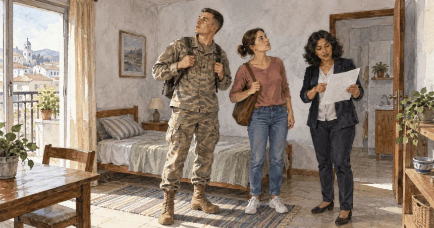Conceptual painting of a military family considering housing abroad.
