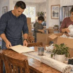 Painted illustration of a household packing for a move while reviewing a folder.