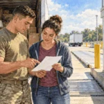 Conceptual watercolor of a service member and partner checking a blank scale slip beside a moving truck.