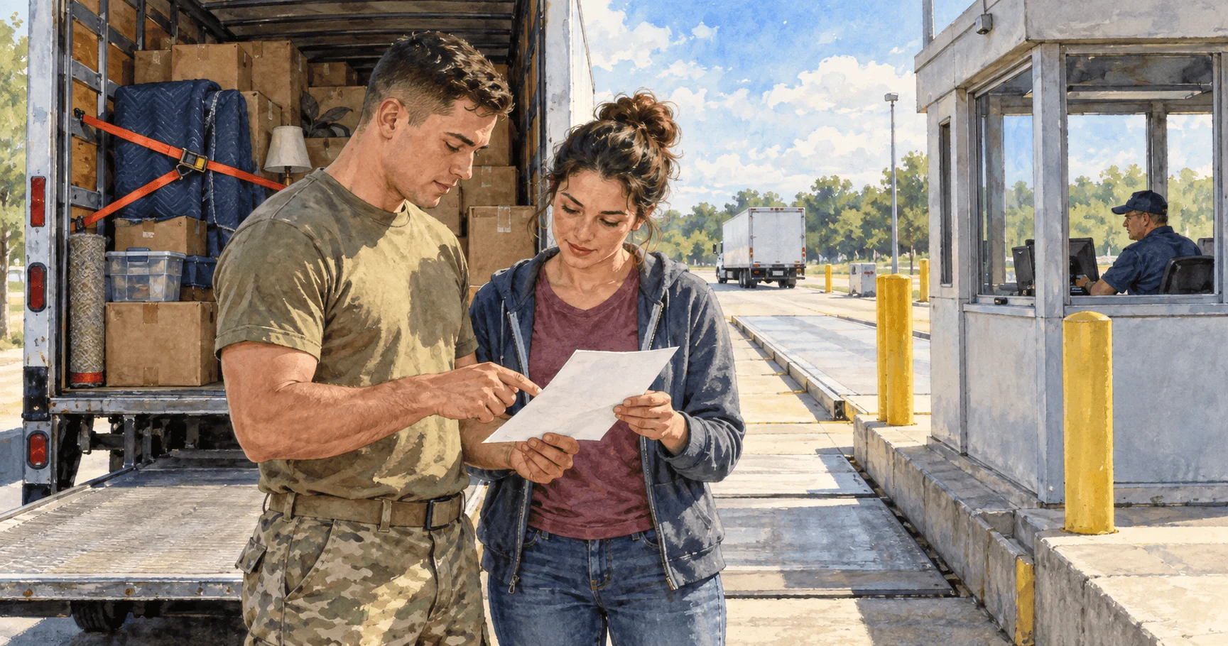 Conceptual watercolor of a service member and partner checking a blank scale slip beside a moving truck.