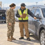 Painted illustration of a service member and worker inspecting a car before shipment.