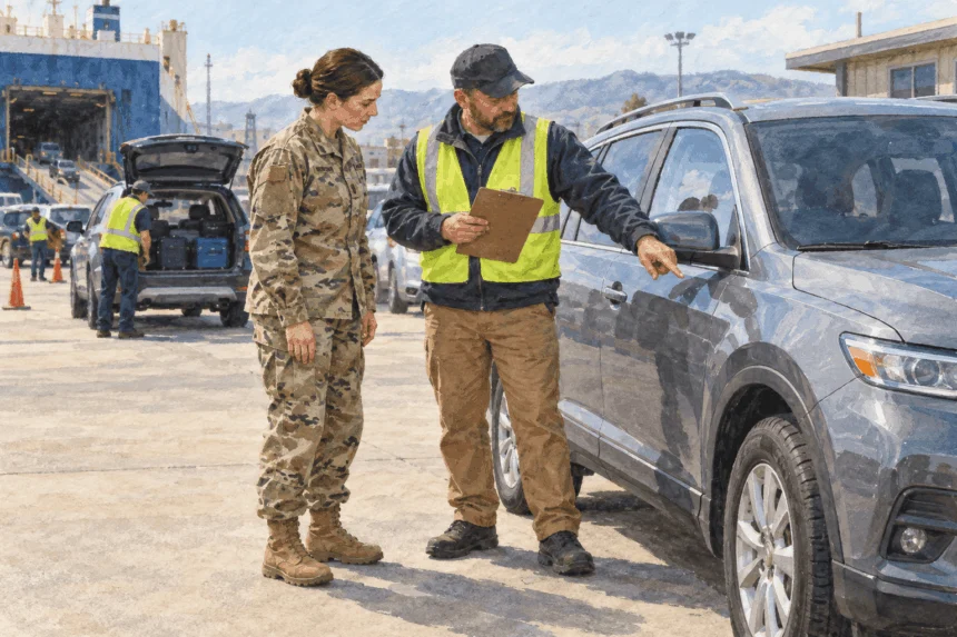Painted illustration of a service member and worker inspecting a car before shipment.