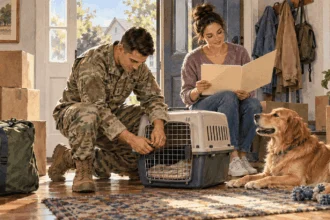 Conceptual watercolor painting of a family prepares a pet carrier for a move.