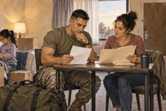 Painted illustration of a military family arriving at temporary lodging during a move.