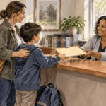 Conceptual watercolor painting of a parent and child meet a school registrar.