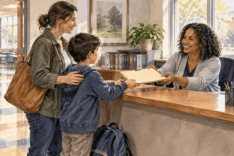 Conceptual watercolor painting of a parent and child meet a school registrar.