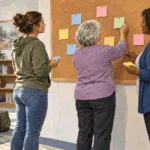 Painted illustration of two family members and a counselor arranging blank support notes on a board.