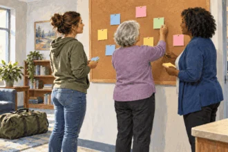Painted illustration of two family members and a counselor arranging blank support notes on a board.