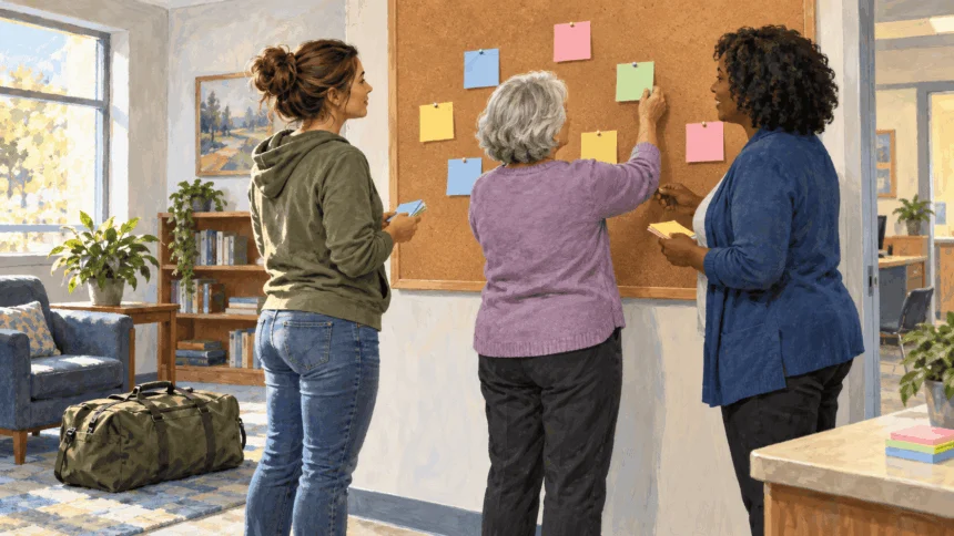 Painted illustration of two family members and a counselor arranging blank support notes on a board.