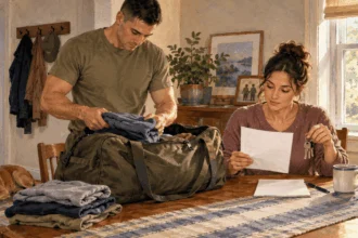 Painted illustration of a service member and family member preparing for deployment.