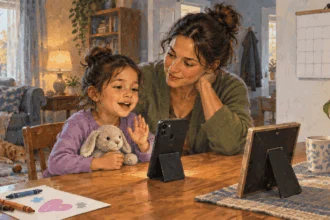 Painted illustration of a child recording a message with an at-home parent.