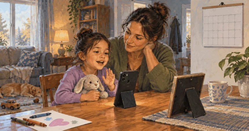 Painted illustration of a child recording a message with an at-home parent.