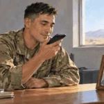Conceptual painting of a deployed service member recording a message for family.