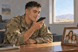 Conceptual painting of a deployed service member recording a message for family.