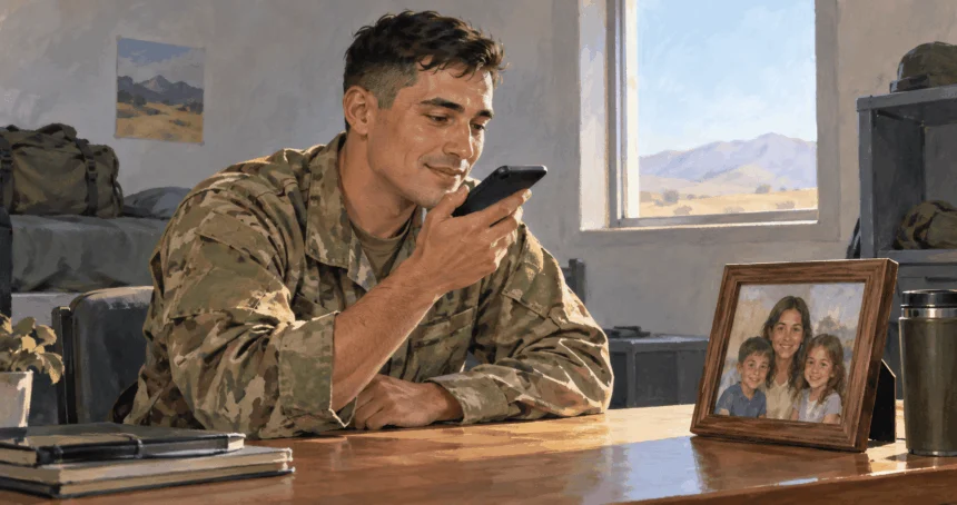 Conceptual painting of a deployed service member recording a message for family.