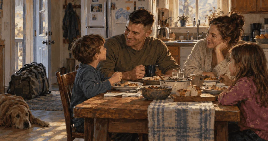 A service member spends a temporary mid-tour break with family.