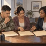 Conceptual painting of a service member and spouse consulting a legal-assistance attorney over blank folders before deployment.