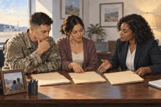 Conceptual painting of a service member and spouse consulting a legal-assistance attorney over blank folders before deployment.
