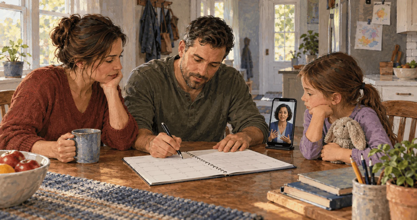 Conceptual painting of a military family planning routines during reintegration.