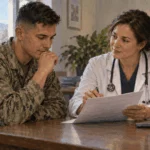 A clinician and returning service member discuss a health assessment.