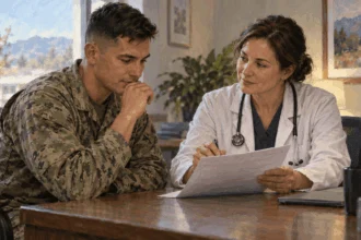 A clinician and returning service member discuss a health assessment.