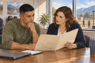 Conceptual painting of a service member discussing civilian skills with a transition counselor.