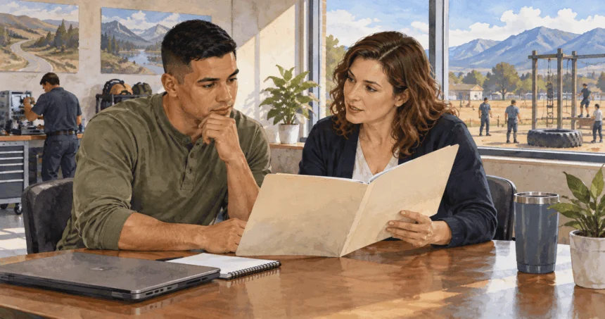Conceptual painting of a service member discussing civilian skills with a transition counselor.