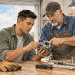 Conceptual watercolor painting of service member learns a civilian trade with a mentor.