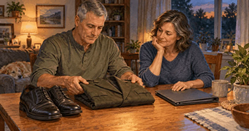 Conceptual watercolor painting of service member and spouse prepare for a transition from military life.