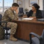 Painted illustration of a departing service member reviewing final-pay paperwork with a specialist.