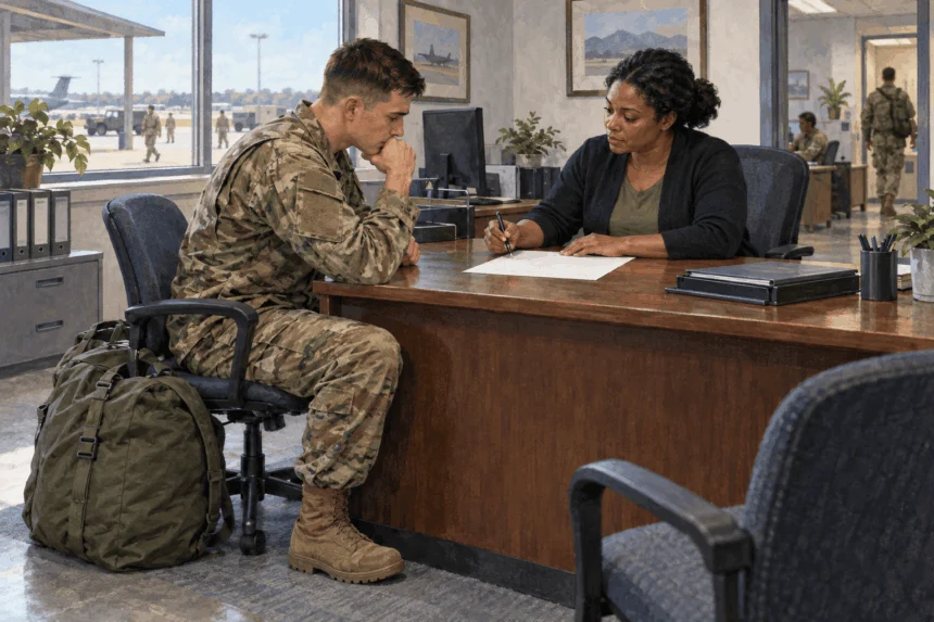 Painted illustration of a departing service member reviewing final-pay paperwork with a specialist.