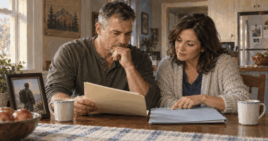 A retired service member and spouse review benefit folders at home.