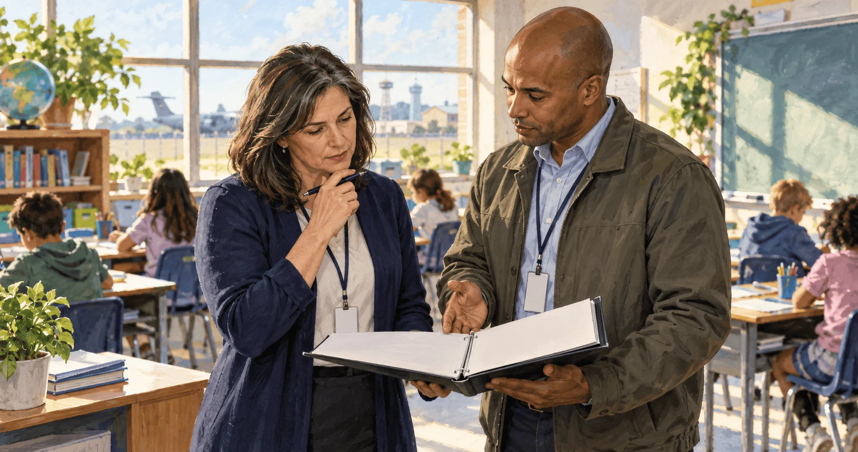 Conceptual watercolor of a school administrator and base liaison discussing a budget near a classroom.