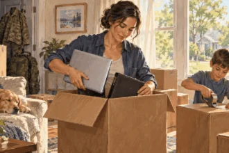 Conceptual painting of a military spouse packing work materials for a move.