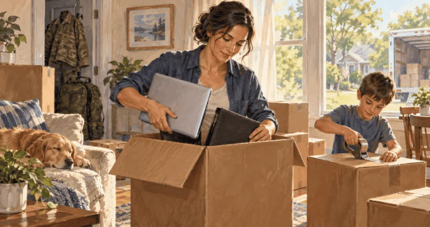 Conceptual painting of a military spouse packing work materials for a move.