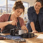 Conceptual watercolor painting of adult learner practices a portable career skill at a workbench.