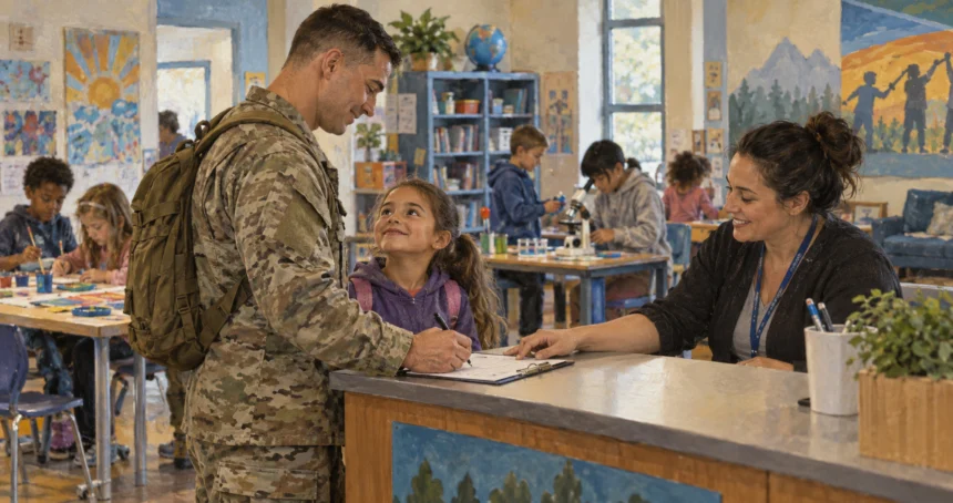 A military parent checks a child into a youth activity center.