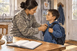 Conceptual painting of a military parent preparing a child for school.