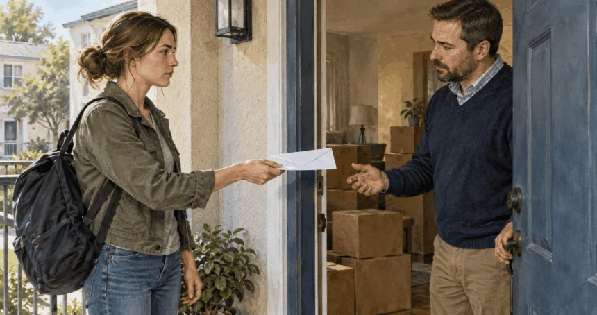 Conceptual painting of a service member handing a landlord a notice at an apartment.