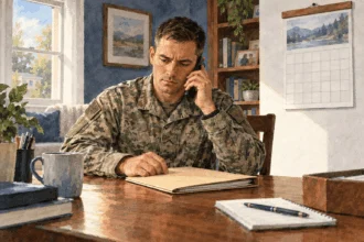 Painted illustration of a service member discussing a loan obligation by phone.