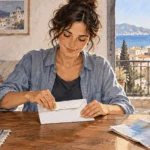 Conceptual painting of an American abroad preparing a voting envelope.