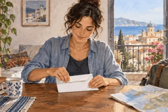 Conceptual painting of an American abroad preparing a voting envelope.